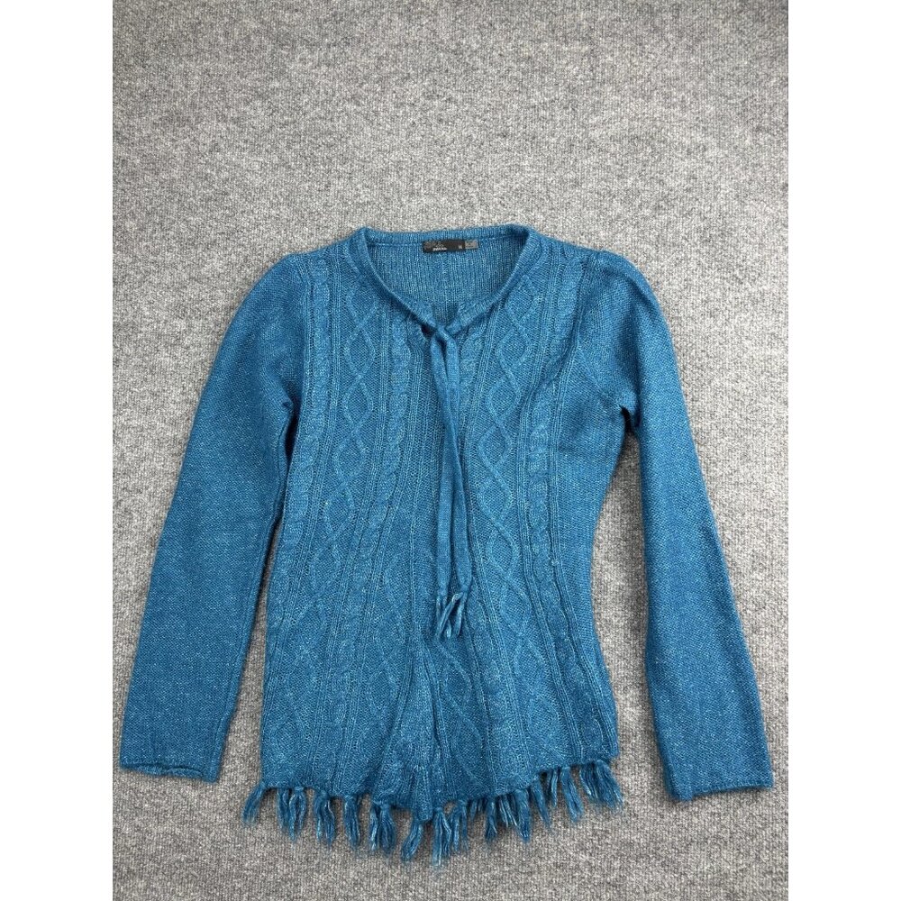 Prana Sweater Cardigan Womens Medium Blue Cable Knit Fringe‎ Hem Tie Front Boho